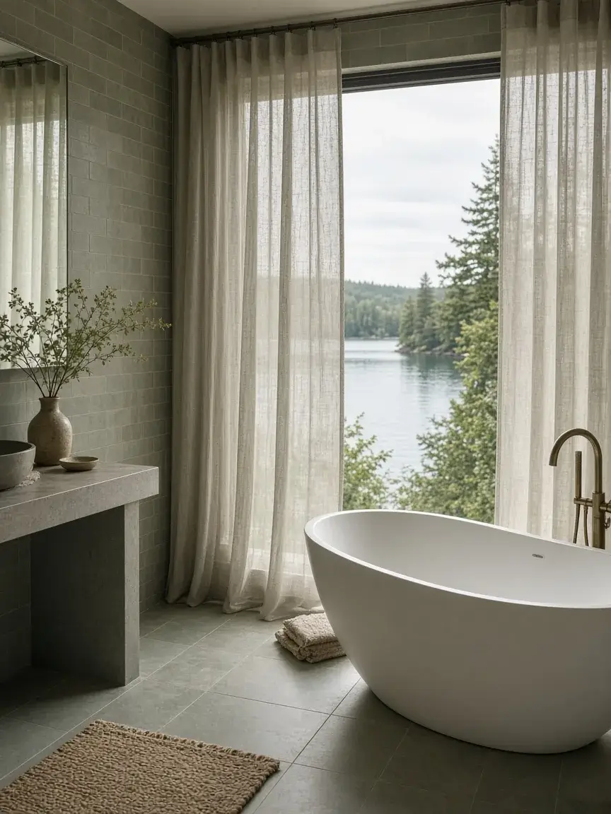 Stone bath with lake-inspired tiles