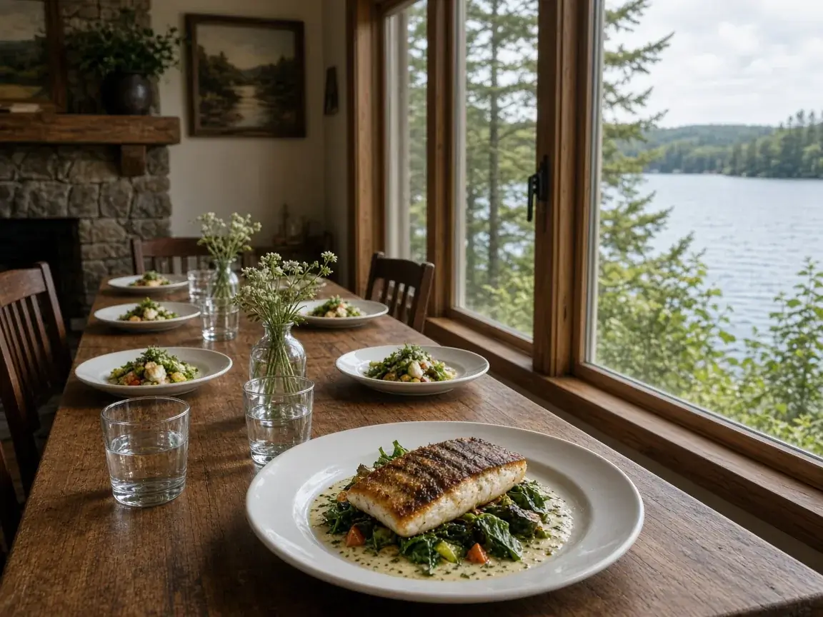 Dining room with soft lake view