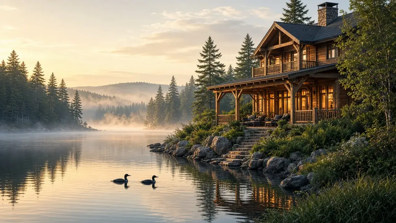 Mist rising over a Muskoka lake at Lakeside Loon Inn