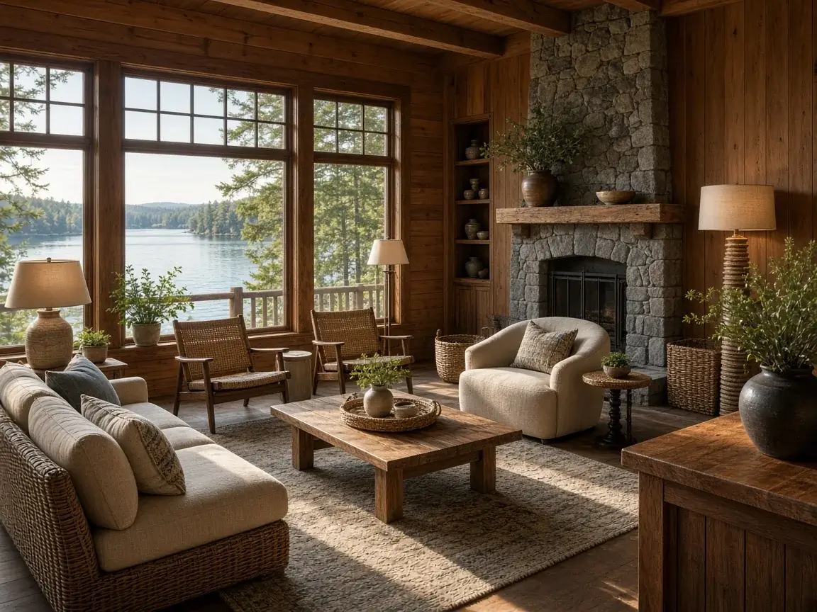 Sunlit lobby with woven chairs and lake light