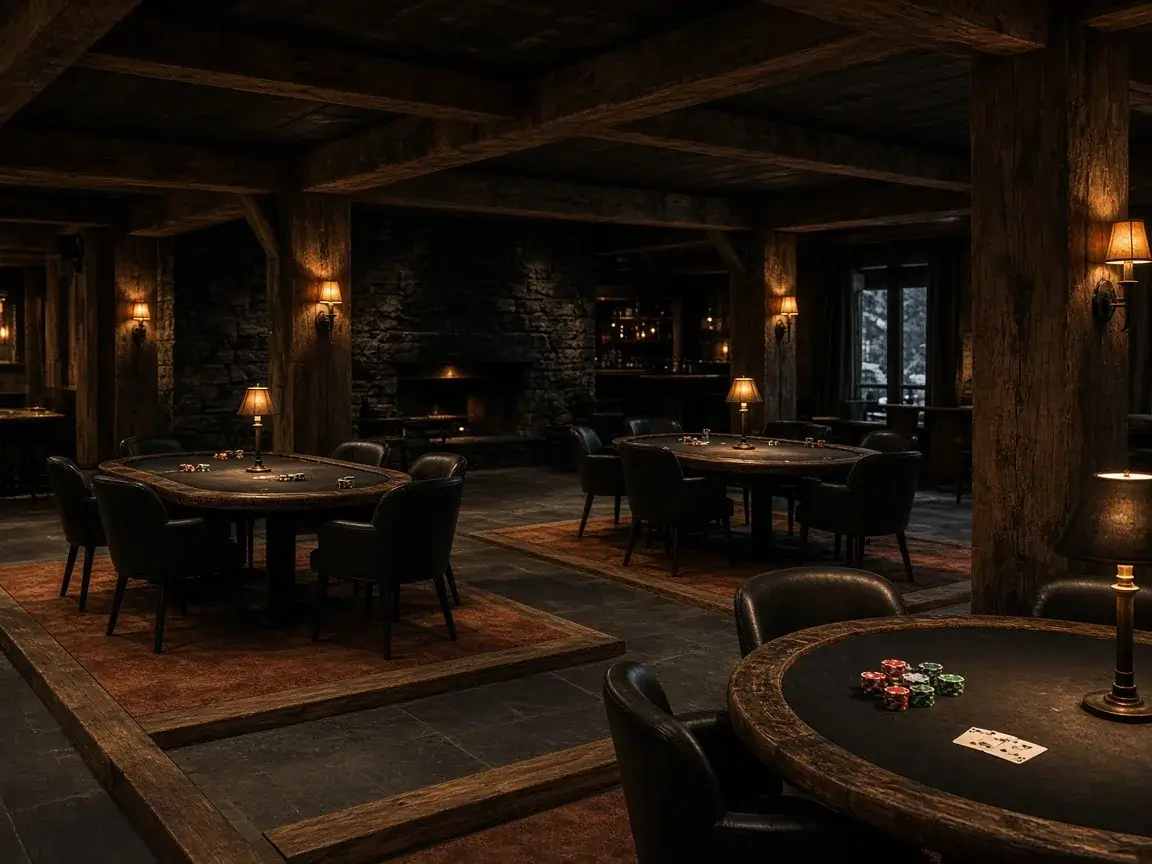 Trail Tables gaming floor with felt tables and timber walls