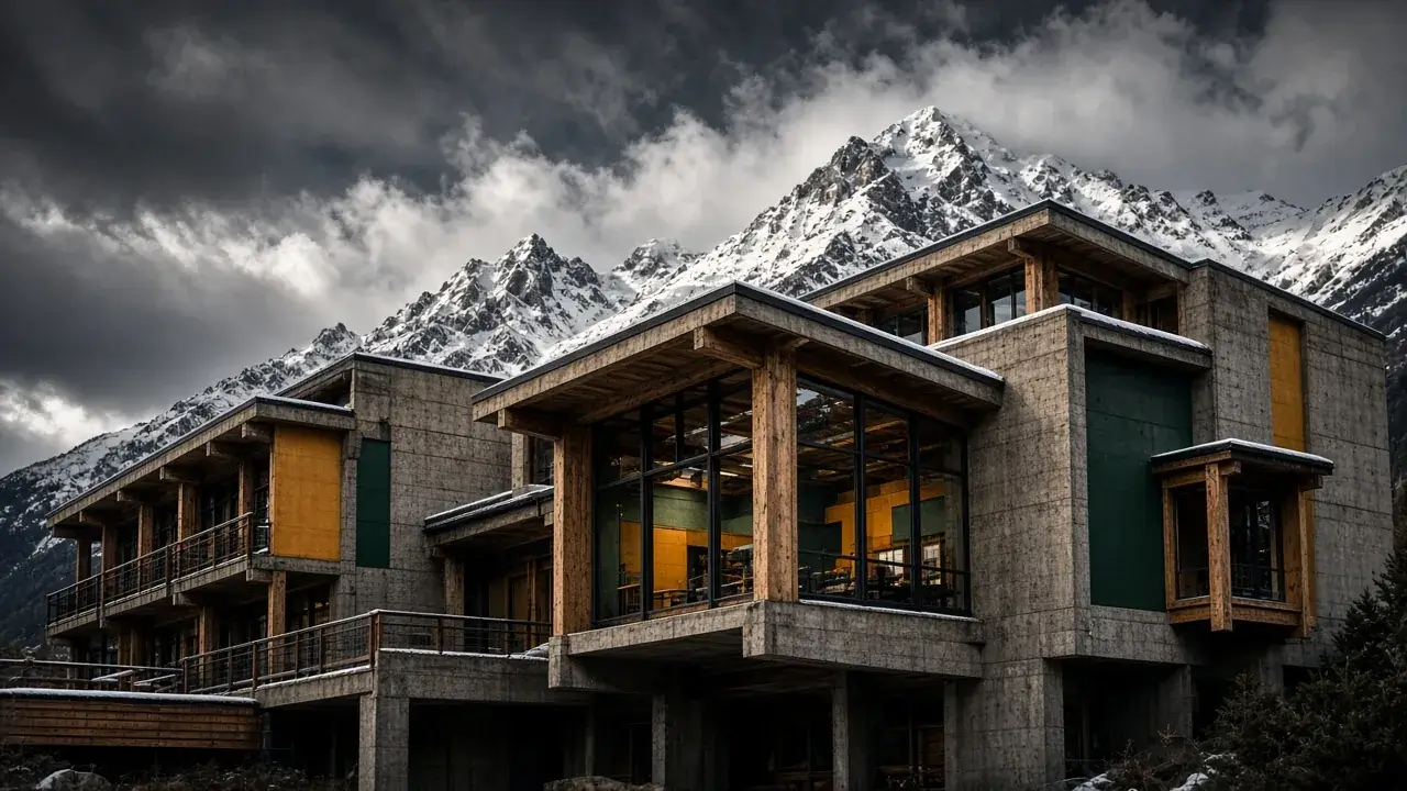Snow-dusted timber lodge exterior under Coast Mountains sky