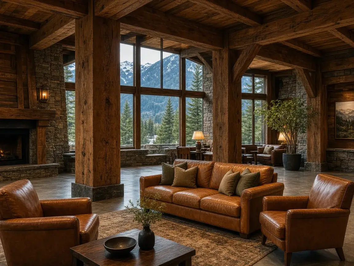 Lodge lobby with timber beams and framed trail maps
